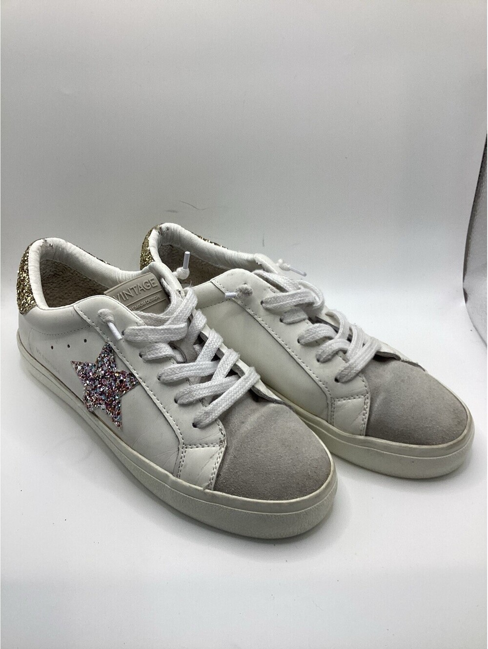 Vintage Havana Cora 7.5  White Shoe Pink Glitter Star&Silver Glitter Distressed